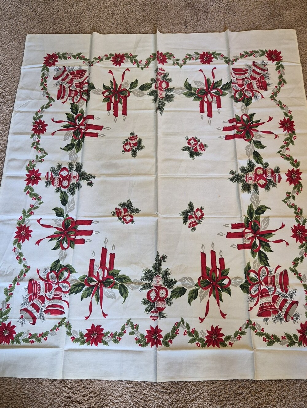 Holiday Poinsettia and Candle Tablecloth - Red and Green